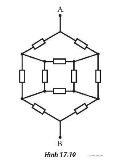 Các điện trở trong mạch điện ở Hình 17.10 giống nhau và có giá trị R=4Ω. Đặt vào giữa hai đầu A và B một hiệu điện thế UAB=10 V. Tính cường độ dòng điện
