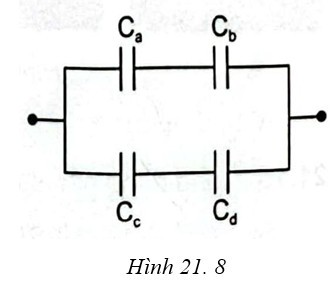 Câu 21.19 SBT Vật lí 11 trang 46.  Sử dụng bốn tụ a,b,c,d   trong Hình 21.6 để ghép nối thành mạch như Hình 21.8. Nếu hiểu thông số điện áp ghi trên tụ