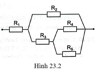 Câu 23.15 SBT Vật lí 11 trang 55.  Cho mạch điện như Hình 23.2.Các giá trị điện trở R1=6Ω, R2=4Ω,R3=2Ω , R4=3Ω,R5=6Ω .     a) Tính hiệu điện thế giữa hai