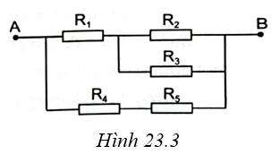 Câu 23.16 SBT Vật lí 11 trang 56.  Cho một đoạn mạch điện như Hình 23.3. Biết các giá trị điện trở: R1=1Ω; R2=20Ω;R3=5Ω ; R4=R5=10Ω . Hãy tính điện trở