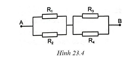 Câu 23.17 SBT Vật lí 11 trang 56.  Cho mạch điện như Hình 23.4. Các giá trị điện trở: R1=2Ω,R2=3Ω,R3 =4Ω. , R4=6Ω . Hiệu điện thế giữa hai đầu đoạn mạch