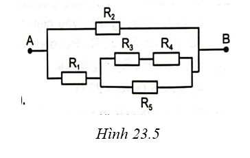 Câu 23.18 SBT Vật lí 11 trang 56.  Cho mạch điện như Hình 23.5. Giá trị các điện trở: R1=5Ω,R2=7Ω,R3=1Ω , R4=5Ω,R5=3Ω . Hiệu điện thế giữa hai đầu đoạn