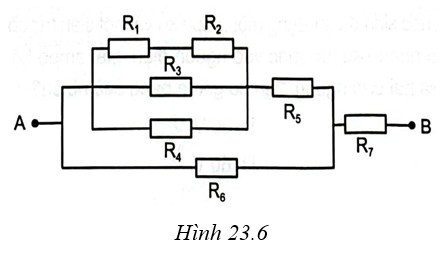 Câu 23.19 SBT Vật lí 11 trang 56.  Cho mạch điện như Hình 23.6. Cho biết các giá trị điện trở:R1=4Ω, R2=R5=20Ω  , R3=R6=12Ω,R4=R7=8Ω . Hiệu điện thế giữa