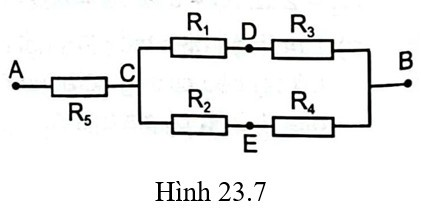 Câu 23.20 SBT Vật lí 11 trang 56.  Cho mạch điện như Hình 23.7. Giá trị các điện trở: R1=R3=3Ω , R2=2Ω, R4=1Ω, R5=4Ω . Cường độ dòng điện chạy qua mạch