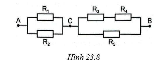 Câu 23.21 SBT Vật lí 11 trang 57.  Cho mạch điện như Hình 23.8. Giá trị các điện trở: R1=R3=R5=1Ω. , R4=2Ω, R2=3Ω . Biết dòng điện chạy qua điện trở R4