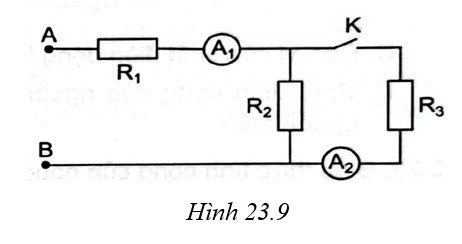 Câu 23.22 SBT Vật lí 11 trang 57.  Cho mạch điện như Hình 23.9. Hiệu điện thế giữa hai đầu đoạn mạch AB   là UAB=6V . Khi K   mở ampe kế A1   chỉ 1,2A