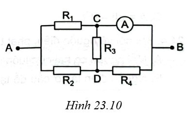 Cho mạch điện như Hình 23.10. Cho biết: . Điện trở của ampe kế và các dây nối không đáng kể (ảnh 1)