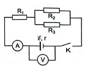 Câu 24.16 SBT Vật lí 11 trang 60.  Cho mạch điện có sơ đồ như Hình 24.3  Biết R2=2 Ω, R3=3 Ω  . Khi K mở, vôn kế chỉ 6V . Khi K   đóng vôn kế chỉ 5,6 V