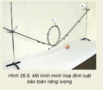 Chế tạo mô hình minh họa định luật bảo toàn năng lượng. Dụng cụ: một viên bi, hai thanh kim loại nhẵn, hai giá đỡ có vít điều chỉnh độ cao. Chế tạo: Dùng hai thanh kim loại uốn thành đường ray và gắn lên giá đỡ để tạo được mô hình như Hình 26.6.   Thí nghiệm: - Thả viên bi từ điểm A trên đường ray. - Viên bi có thể chuyển động tới điểm D không? Tại sao? Làm thí nghiệm để kiểm tra. (ảnh 1)