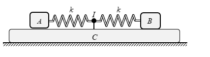 Cho cơ hệ như hình vẽ. Các lò xo có độ cứng k=10N/m; các vật A, B và  C có khối lượng lần lượt là m,4m và 5m, với m=500g. (ảnh 1)