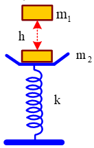 Cho cơ hệ như hình vẽ, lò xo có khối lượng không đáng kể có độ cứng k = 50N/m, vật m1 = 200g vật m2 = 300g. Khi m2 đang cân bằng ta thả m1 rơi tự do từ