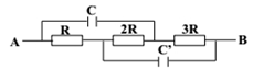 Cho đoạn mạch. Độ giảm điện thế trên điện trở R bằng 3V, C = C’ = 10μF. Điện tích của các tụ C và C’ lần lượt bằng

 