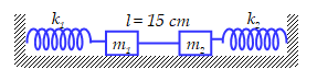 Cho hệ dao động như hình vẽ. Hai lò xo nhẹ có độ cứng k1 = 200 N/m, k2= 600 N/m; m1=300 g, m2=100 g. Bỏ qua ma sát và lực cản. Hai vật được nối với nhau