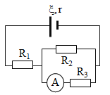 Cho mạch điện có sơ đồ như hình bên: ξ = 12 V; R1 = 4 Ω; R2 = R3 = 10 Ω. Bỏ qua điện trở của ampe kế A và dây nối. Số chỉ của ampe kế là 0,6 A. Giá trị