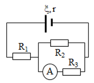 Cho mạch điện có sơ đồ như hình bên: ξ = 12 V; R1 = 4 Ω; R2 = R3 = 10 Ω. Bỏ qua điện trở của ampe kế A và dây nối. Số chỉ của ampe kế là 0,6 A. Giá trị