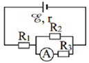 Cho mạch điện có sơ đồ như hình bên: ξ= 12V;R=40Ω;R2=R3=10Ω.  Bỏ qua điện trở của ampe kế A và dây nối. Số chỉ của ampe kế là 0,6A. Giá trị điện trở trong