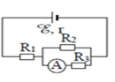 Cho mạch điện có sơ đồ như hình bên: E     = 12 V; R1   = 4,5 Ω; R2   = R3   = 10 Ω.  Bỏ qua điện trở của ampe kế A và dây nối. Số chỉ của ampe kế là 0,6