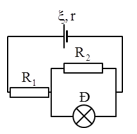 Cho mạch điện có sơ đồ như hình vẽ: ξ = 12 V; R1 = 5 Ω; R2 = 12 Ω; bóng đèn Đ: 6 V – 3 W. Bỏ qua điện trở các dây nối. Để đèn sáng bình thường thì điện