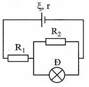 Cho mạch điện có sơ đồ như hình vẽ: ξ=12 V;R1=5 Ω;R2=12 Ω; bóng đèn Đ: 6 V − 3 W. Bỏ qua điện trở các dây nối. Để đèn sáng bình thường thì điện trở trong