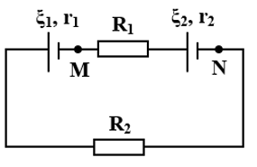 Cho mạch điện có sơ đồ như hình vẽ. Biết

ϵ1=24V;r1=1Ω; ε2=12V; ;r1=1Ω; R1=4Ω; R2=6Ω. Giá trị UMN là