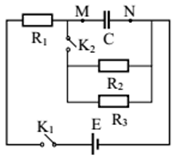 Cho mạch điện như bên: C=2μF;R1=18Ω;R2=20Ω;R3=30Ω;  nguồn điện có suất điện động E = 2V và điện trở trong không đáng kể. Bỏ qua điện trở các khóa và dây