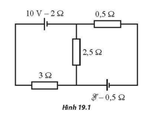 Cho mạch điện như Hình 19.1. Suất điện động E  của nguồn chưa biết. Bỏ qua điện trở của các dây nối. Tìm giá trị của E  để nguồn 10 V được nạp điện.