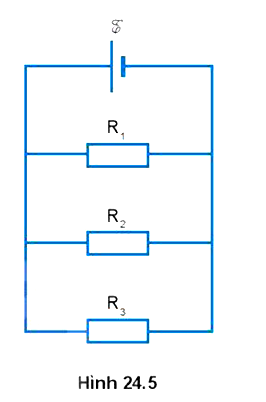 Cho mạch điện như Hình 24.5. Suất điện động E = 10 V, bỏ qua điện trở trong của nguồn. Các giá trị điện trở R1 = 20 Ω; R2 = 40 Ω, R3 = 50 Ω.

a) Tính cường