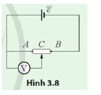 Cho mạch điện như Hình 3.8. Con chạy ở vị trí C, chia điện trở R thành R = RAC + RCB.

Tìm biểu thức liên hệ giữa số chỉ của vôn kế, E, RAC và RCB.