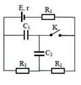 Cho mạch điện như hình bên. Cho biết : nguồn E = 6 V, r = 0,5  Ω  ; các điện trở  R1 = 3 Ω, R2 = 2 Ω, R3= 0,5 Ω ; các tụ điện  C1 = C2 = 0,2 μF. Trước