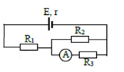 Cho mạch điện như hình bên. nguồn điện có suất điện động E = 12 V và điện trở trong r; các điện trở R1= 4 Ω, R2= R3 = 10 Ω. Bỏ qua điện trở của ampe kế