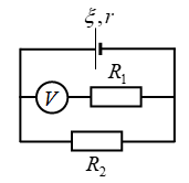 Cho mạch điện như hình bên với                      ζ=18V, r=2Ω,R1=15Ω, R2=10Ω và V là vôn kế có điện trở rất lớn. Số chỉ của vôn kế là