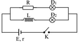 Cho mạch điện như hình: hai đèn Đ1 và Đ2 giống hệt nhau, điện trở R và ống dây có độ tự cảm L có cùng giá trị điện trở. Khi đóng khóa K thì 