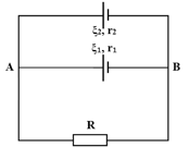 Cho mạch điện như hình vẽ, ξ1 = 20 V, ξ2 = 32 V, r1 = 1 Ω, r2 = 0,5 Ω, R = 2 Ω. Cường độ dòng điện chạy qua R có độ lớn bằng