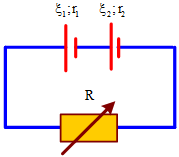 Cho mạch điện như hình vẽ: ξ1=4V;ξ2=6V;r1=r2=1Ω                      ; R là biến trở. Thay đổi R đê công suất trên R cực đại. Giá trị công suất cực đại