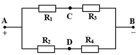 Cho mạch điện như hình vẽ, ∪AB=12V;R1=1Ω; R2=3Ω; R3=5Ω. Hiệu điện thế giữa hai đầu C, D là 1V thì giá trị của R4 là