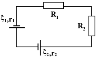 Cho mạch điện như hình vẽ, biếtξ1=12V;ξ2=6V;R1=4Ω;R2=6Ω;r1=r2=1Ω. Cường độ dòng điện trong mạch là