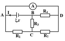 Cho mạch điện như hình vẽ. Biết ampe kế chỉ 0,5 A và r = 10 Ω, R1=R2=R3=40Ω; RA≈0 Nguồn điện có suất điện động là