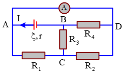 Cho mạch điện như hình vẽ. Biết ampe kế chỉ 0,5A và r=10Ω, R1=R2=R3=40Ω, R4=30Ω, RA≈0. Nguồn điện có suất điện động là: