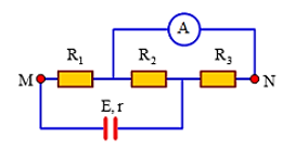 Cho mạch điện như hình vẽ. Biết E = 30V ; r = 3Ω, R1 = 12Ω, R2 = 36Ω, R3 = 18Ω. Bỏ qua điện trở của dây nối và ampe kế. Số chỉ ampe kế gần bằng giá trị