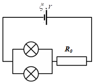 Cho mạch điện như hình vẽ, biết nguồn có suất điện động  ξ = 12 V và điện trở trong r = 0. Hai đèn cùng có hiệu điện thế định mức là 6 V và điện trở R.