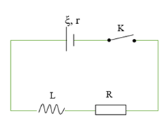 Cho mạch điện như hình vẽ. Biết nguồn điện có điện trở trong 2 Ω, điện trở mạch ngoài R = 8  Ω và cuộn dây thuần cảm. Lúc đầu khóa K đóng, sau đó ngắt