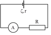 Cho mạch điện như hình vẽ, biết r = 2 Ω; R = 13 Ω, RA = 1 Ω. Chỉ số của ampe kế là 0,75 A. Suất điện động của nguồn là