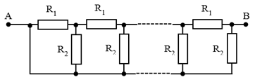 Cho mạch điện như hình vẽ. Biết R1 = 1Ω; R2 = 2Ω và số điện trở là vô tận. Điện trở tương đương của đoạn mạch là