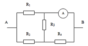 Cho mạch điện như hình vẽ.

Biết R1 = 15Ω, R2 = R3 = R4= 10Ω. Điện trở của ampe kế và dây nối không đáng kể. Biết ampe kế chỉ 3A. Tính UAB. 