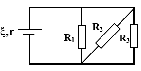 Cho mạch điện như hình vẽ, biết R1=R2=30Ω; R3=7,5Ω; nguồn điện có ξ = 6 V và điện trở trong không đáng kể. Bỏ qua điện trở dây nối, công suất tiêu thụ