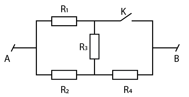 Cho mạch điện như hình vẽ, biết R1 = R3 = 45 Ω, R2 = 90 Ω, U = 90 V. Khi khóa K mở hoặc đóng thì cường độ dòng điện qua R4 không đổi. Tính R4, U4.