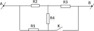 Cho mạch điện như hình vẽ. Biết UAB = 90 V;  \({R_1} = {R_3} = 45\Omega ;\,{R_2} = 90\Omega \) . Tìm R4. Biết khi K mở và khí K đóng cường độ dòng điện