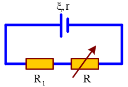 Cho mạch điện như hình vẽ, bỏ qua điện trở của dây nối, biết R1= 0,1Ω, r = 1,1Ω. Phải chọn R bằng bao nhiêu để công suất tiêu thụ trên R là cực đại?