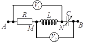 Cho mạch điện như hình vẽ: điện trở  \[R\], cuộn dây thuần cảm  \[L\] và tụ điện có điện dung thay đổi được, vôn kế  \[{V_1}\] và  \[{V_2}\]  lí tưởng.