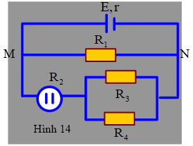 Cho mạch điện như hình vẽ: E=13,5 V; r=1  Ω; R1=3Ω;  R3=R4=4Ω.  Bình điện phân đựng dung dịch CuSO4,  anốt bằng đồng, có điện trở R2=4Ω.  Tính khối lượng